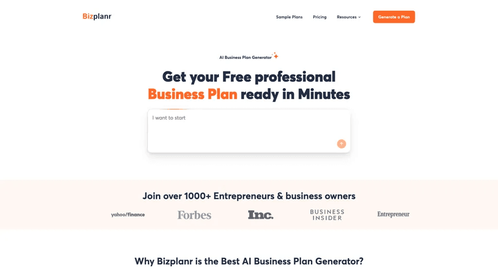 BizplanrAI 官网截图