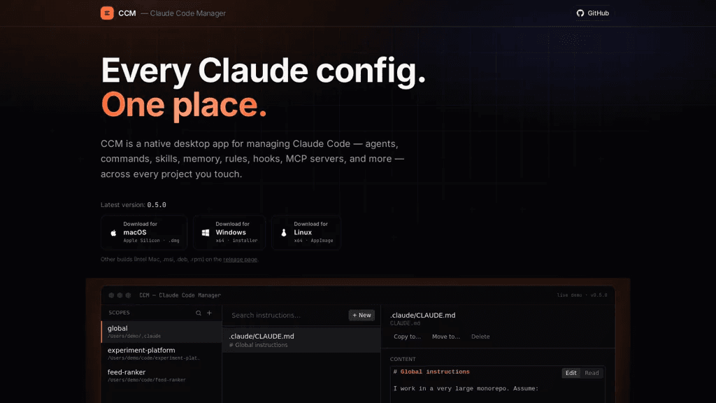 Claude code manager 官网截图