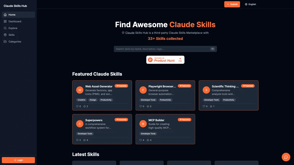 Claude Skills Hub 官网截图