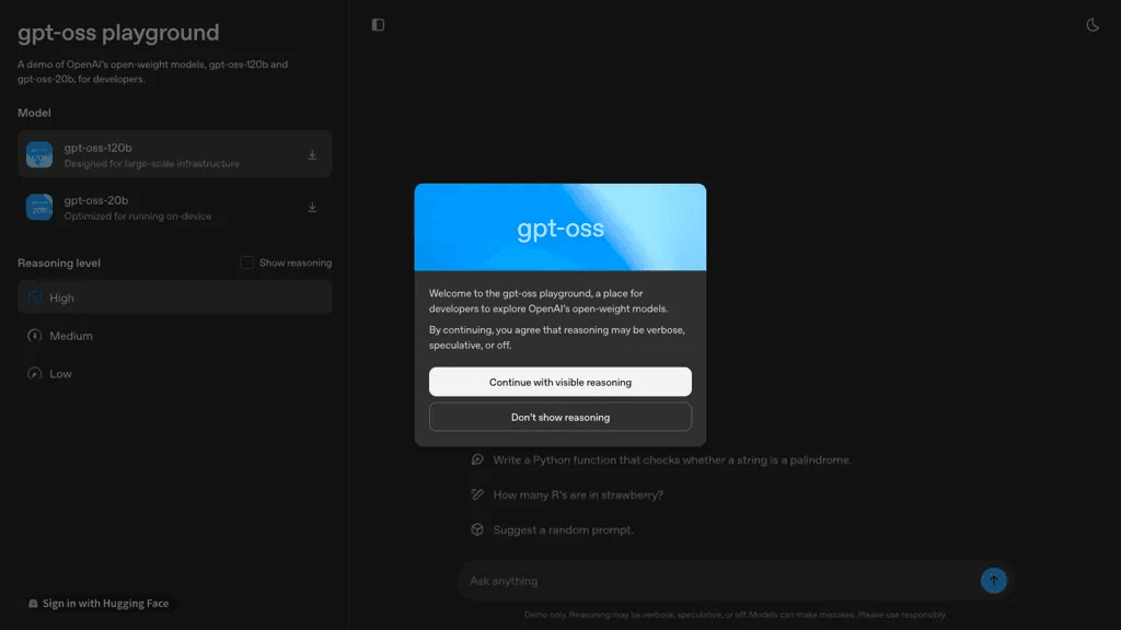 gpt-oss playground 工具截图