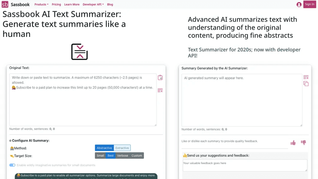 Sassbook AI Summarizer 官网截图