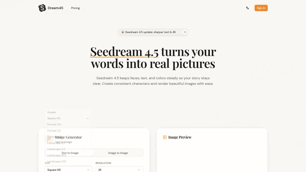 Seedream 4.5 官网截图
