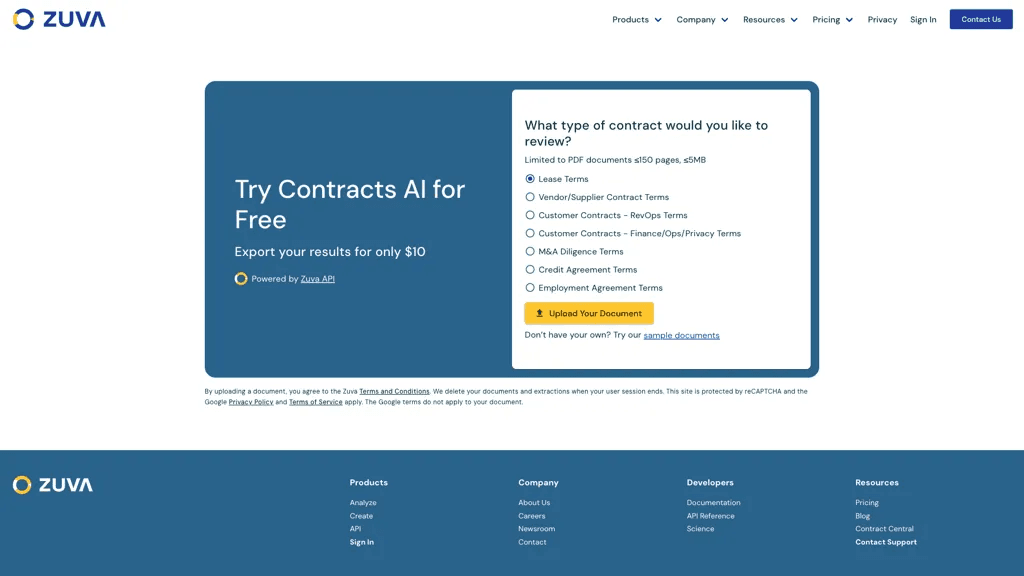 Zuva Contracts AI 官网截图