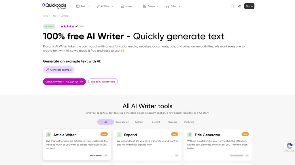AI Writer by Picsart 官网截图
