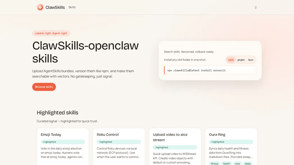 ClawSkills 官网截图