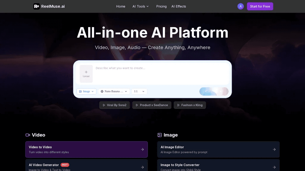 ReelMuse AI 官网截图
