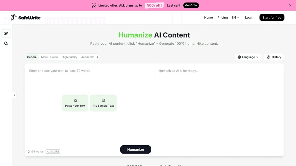 SafeWrite AI 官网截图