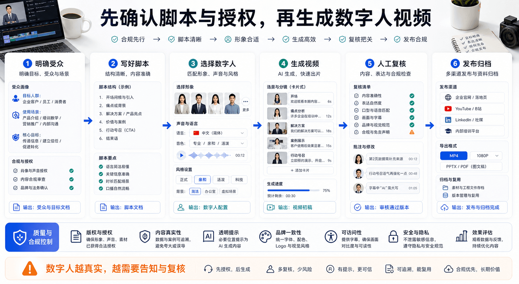 先确认脚本与授权,再生成数字人视频