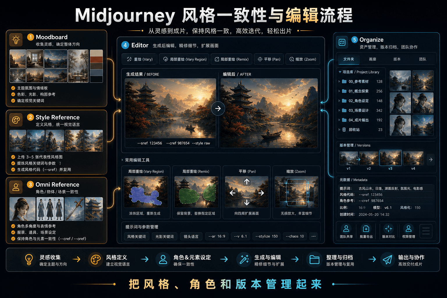 Midjourney 风格一致性与编辑流程